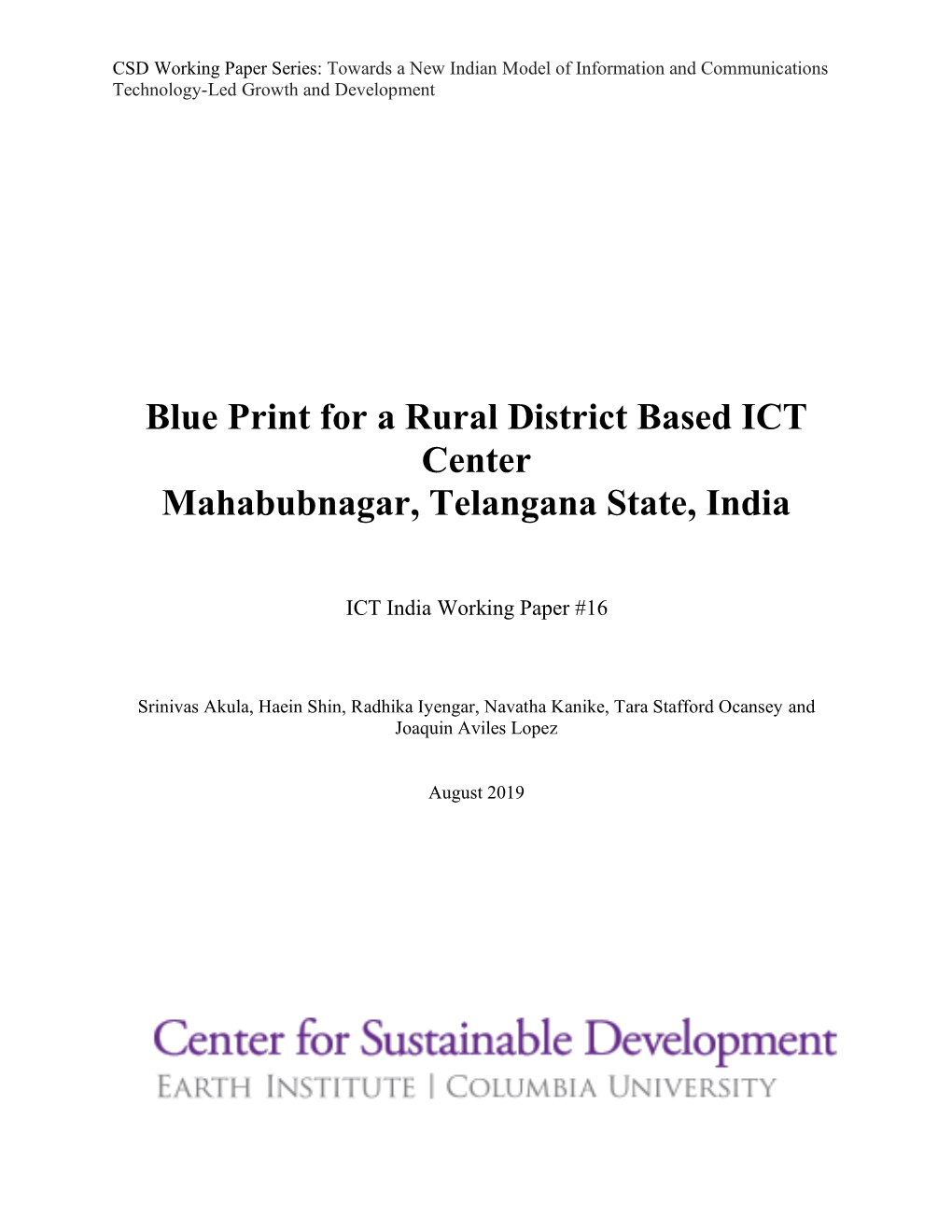 Blue Print for a Rural District Based ICT Center Mahabubnagar, Telangana State, India