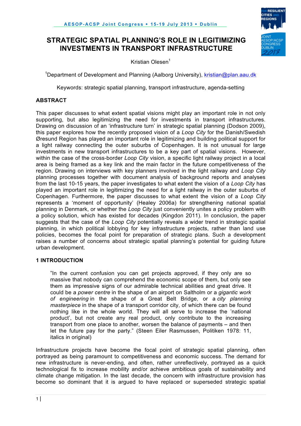 Strategic Spatial Planning's Role in Legitimizing Investments in Transport