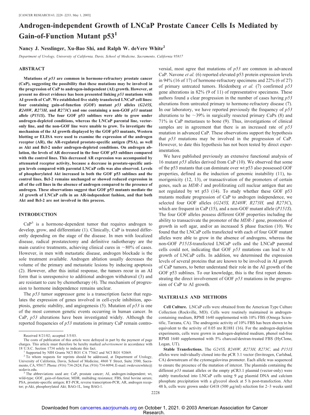 Androgen-Independent Growth of Lncap Prostate Cancer Cells Is Mediated by Gain-Of-Function Mutant P531