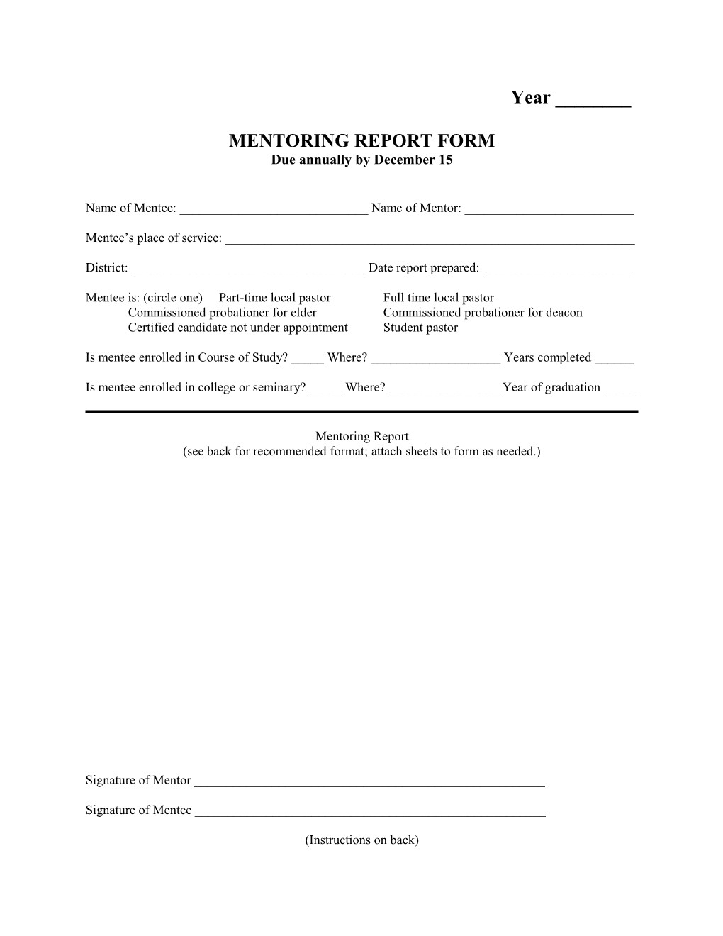 Clergy Mentoring Report Form