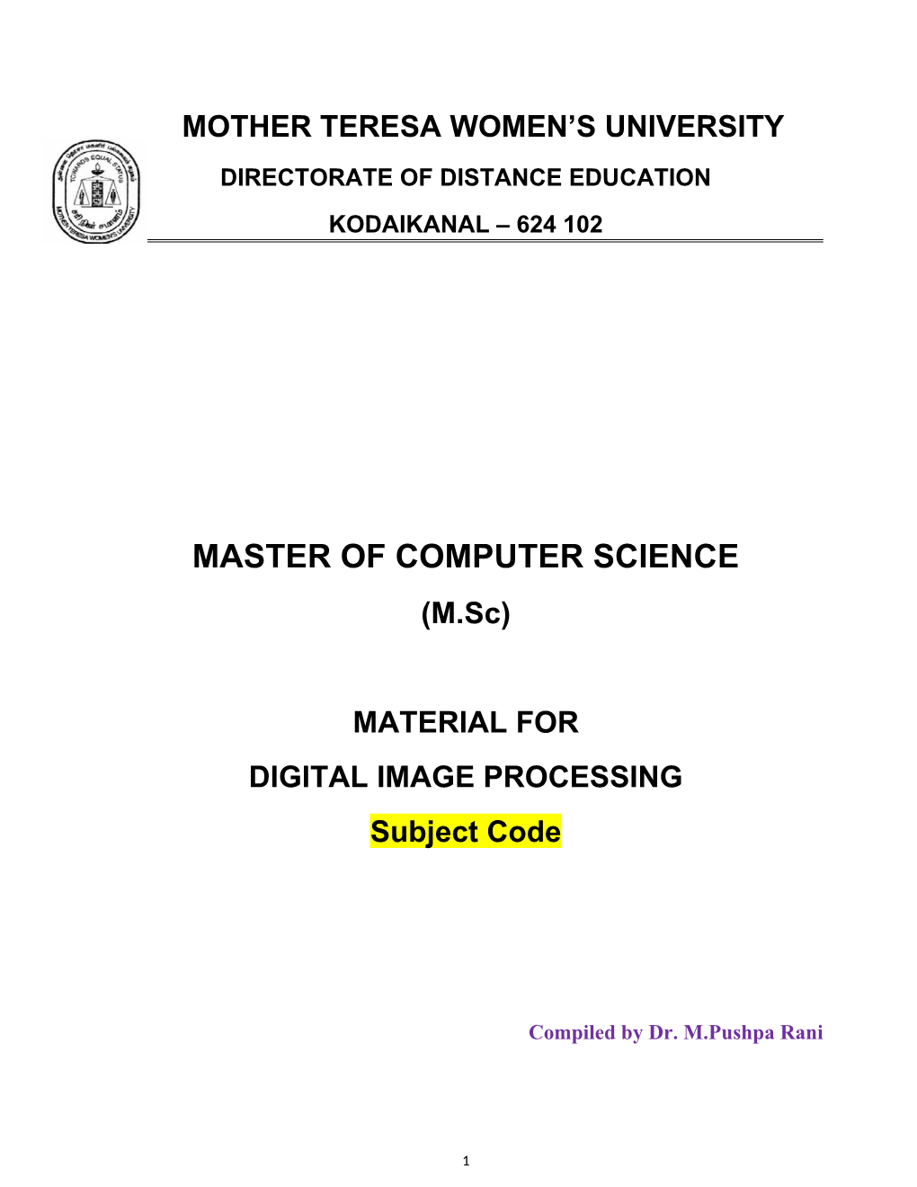 MASTER of COMPUTER SCIENCE (M.Sc)