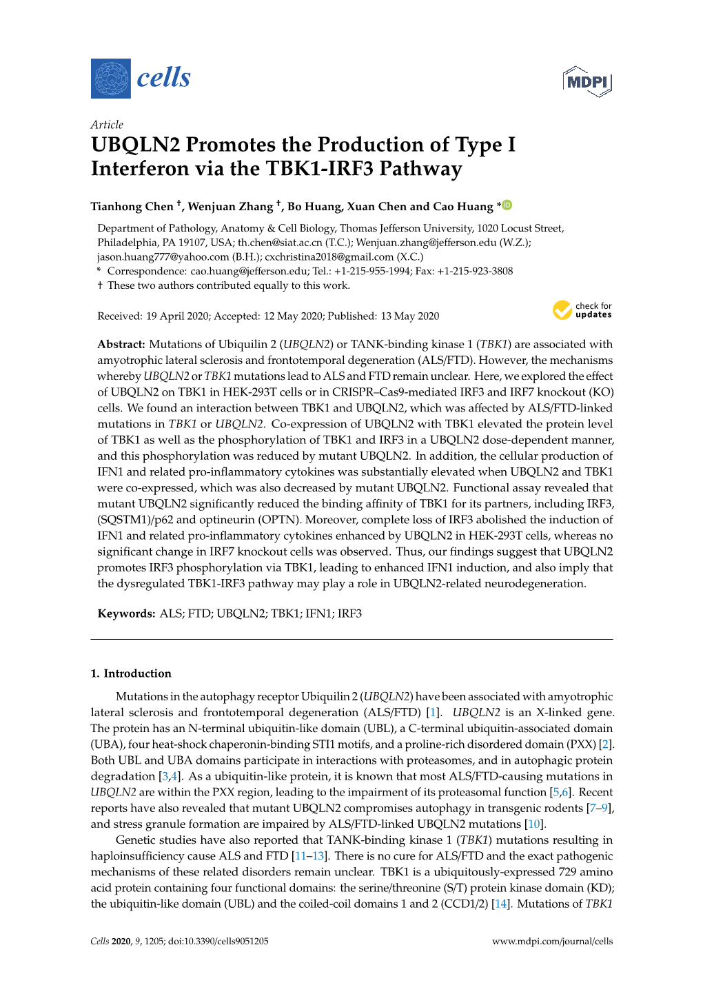 UBQLN2 Promotes the Production of Type I Interferon Via the TBK1-IRF3 Pathway