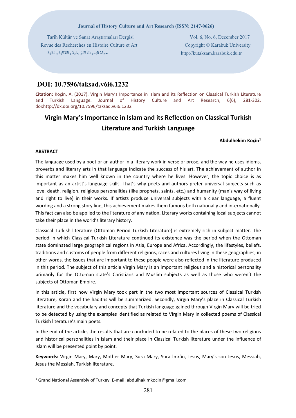 DOI: 10.7596/Taksad.V6i6.1232 Virgin Mary's Importance in Islam and Its