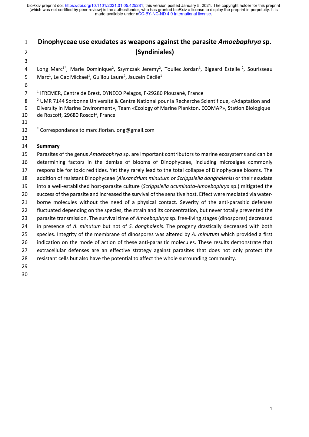 Dinophyceae Use Exudates As Weapons Against the Parasite Amoebophrya Sp