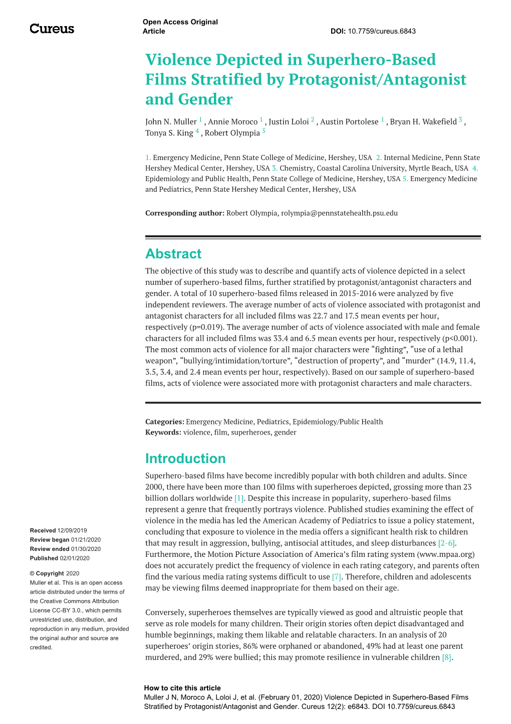 Violence Depicted in Superhero-Based Films Stratified by Protagonist/Antagonist and Gender