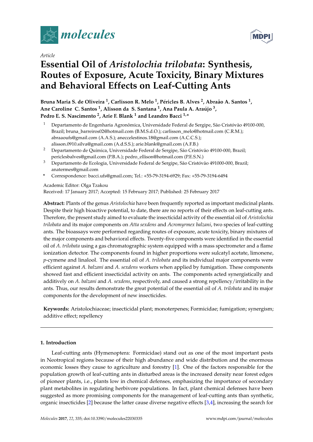Essential Oil of Aristolochia Trilobata: Synthesis, Routes of Exposure, Acute Toxicity, Binary Mixtures and Behavioral Effects on Leaf-Cutting Ants