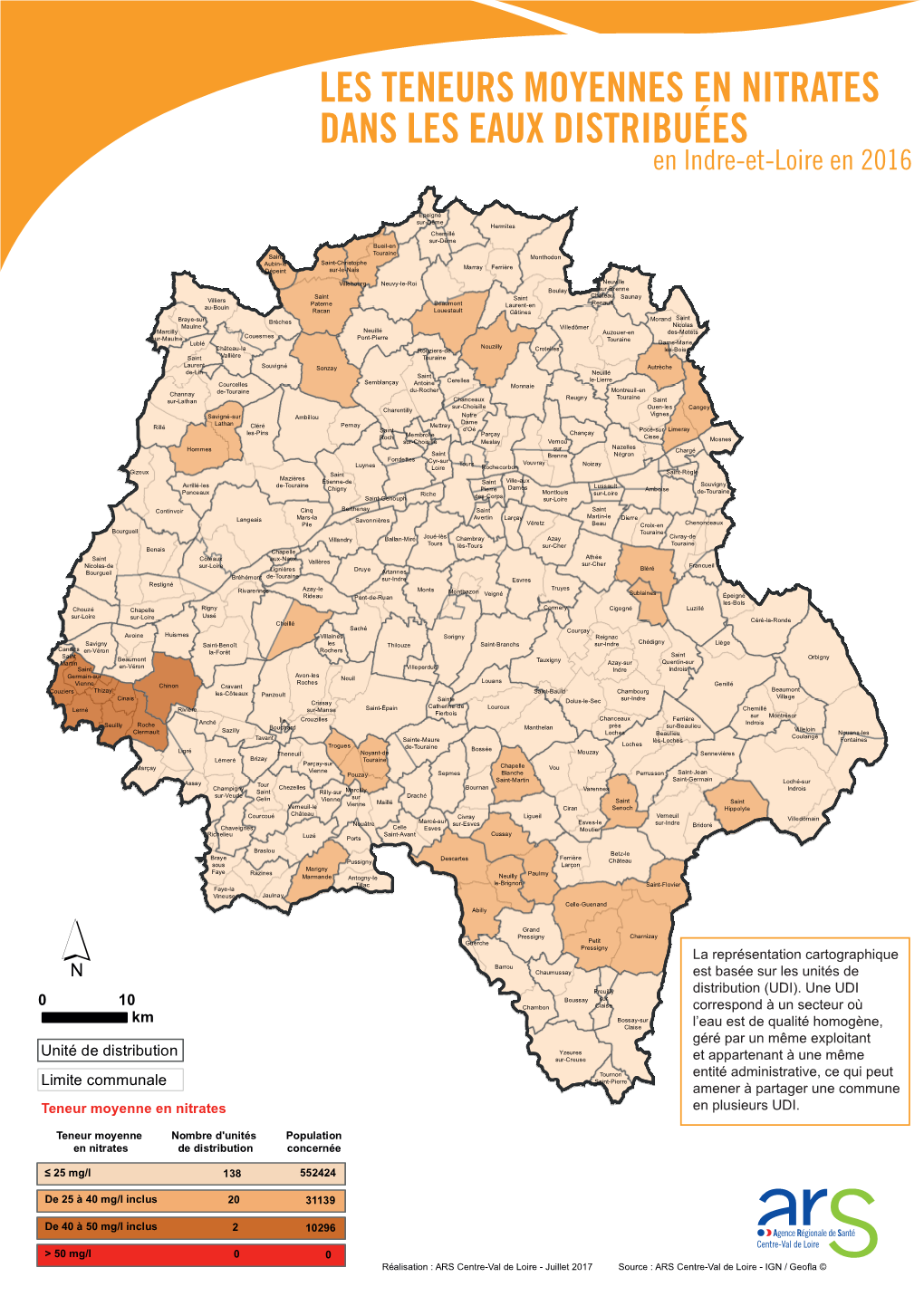 LES TENEURS MOYENNES EN NITRATES DANS LES EAUX DISTRIBUÉES En Indre-Et-Loire En 2016