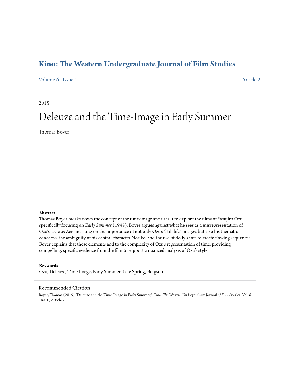 Deleuze and the Time-Image in Early Summer Thomas Boyer