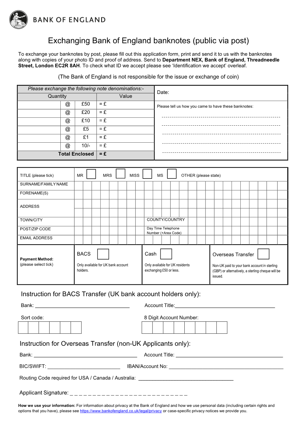 Exchanging Banknotes Postal Form