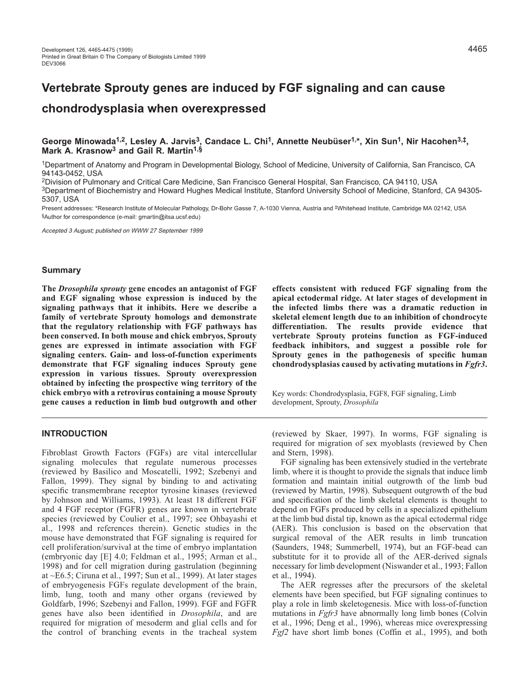 Vertebrate Sprouty Genes and Chondrodysplasia 4467