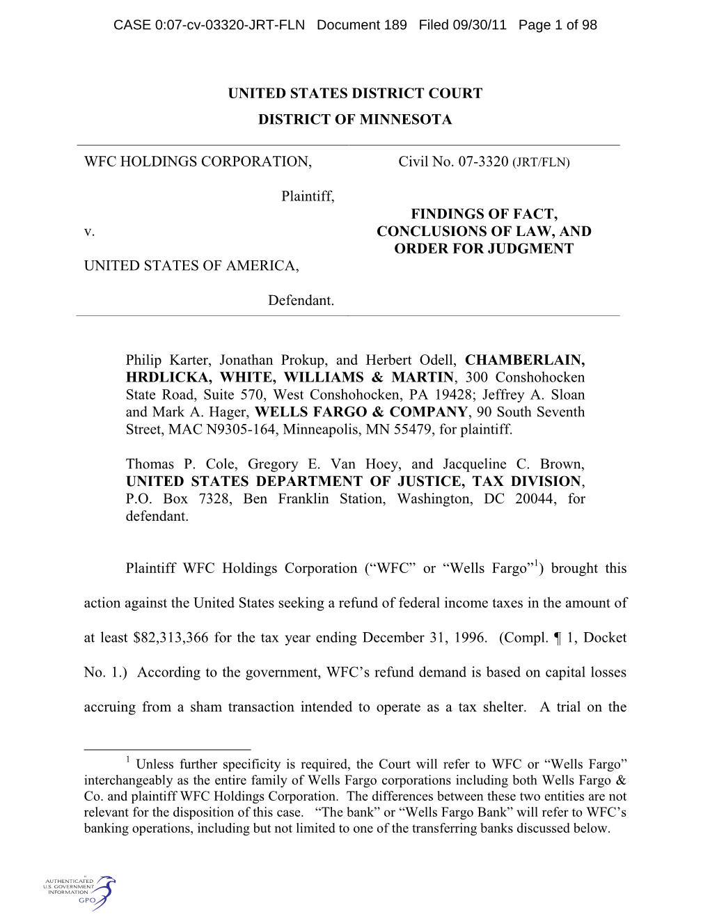 CASE 0:07-Cv-03320-JRT-FLN Document 189 Filed 09/30/11 Page 1 of 98