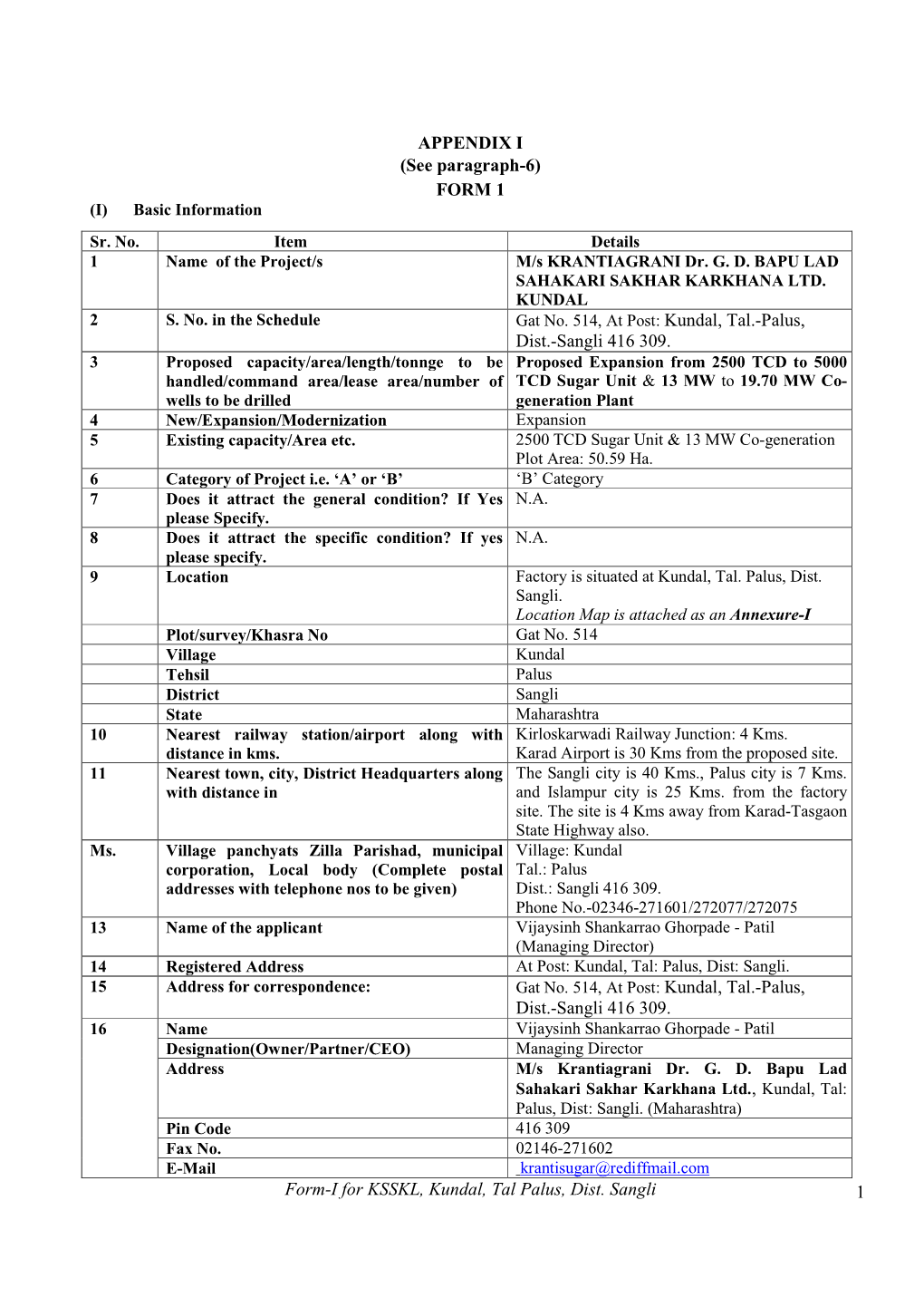 Form-I for KSSKL, Kundal, Tal Palus, Dist