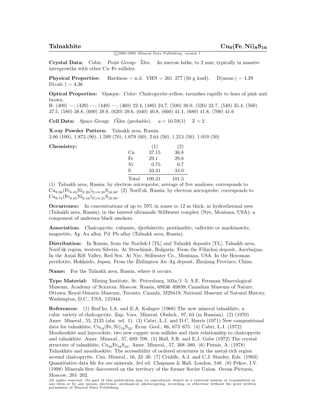 Talnakhite Cu9(Fe, Ni)8S16 C 2001-2005 Mineral Data Publishing, Version 1 Crystal Data: Cubic