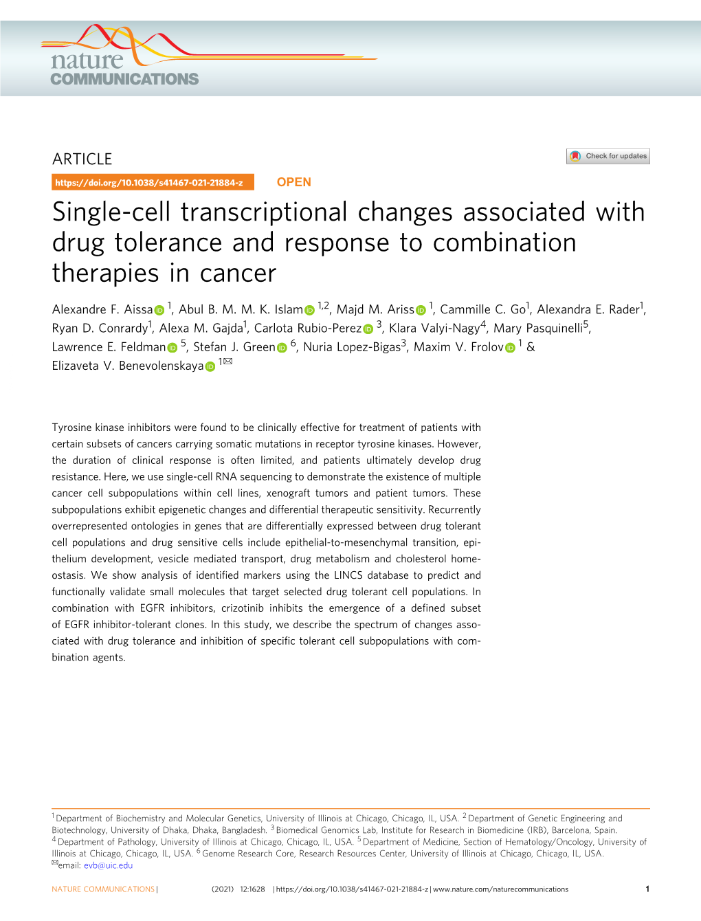 Single-Cell Transcriptional Changes Associated with Drug Tolerance and Response to Combination Therapies in Cancer