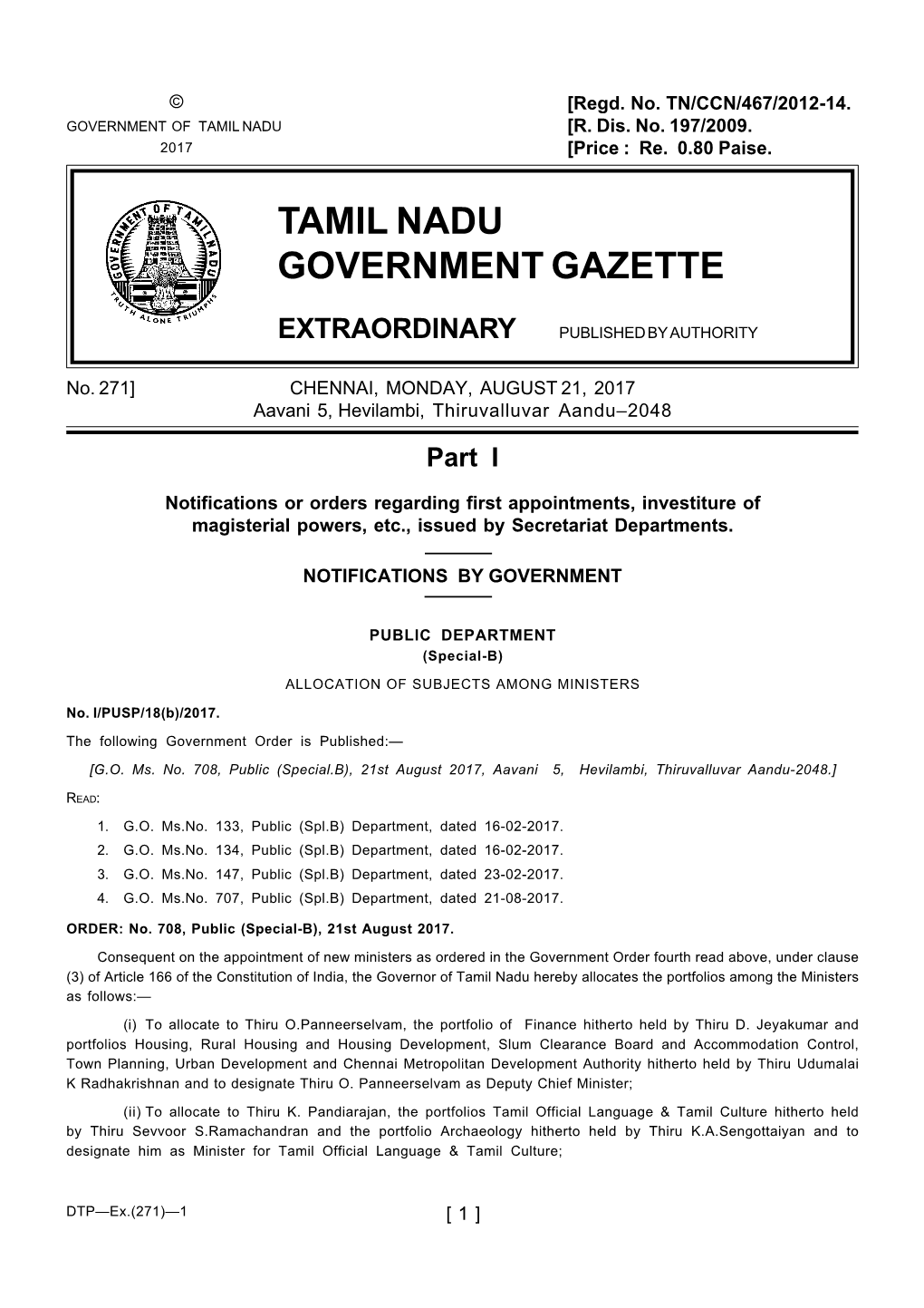 Tamil Nadu Government Gazette Extraordinary