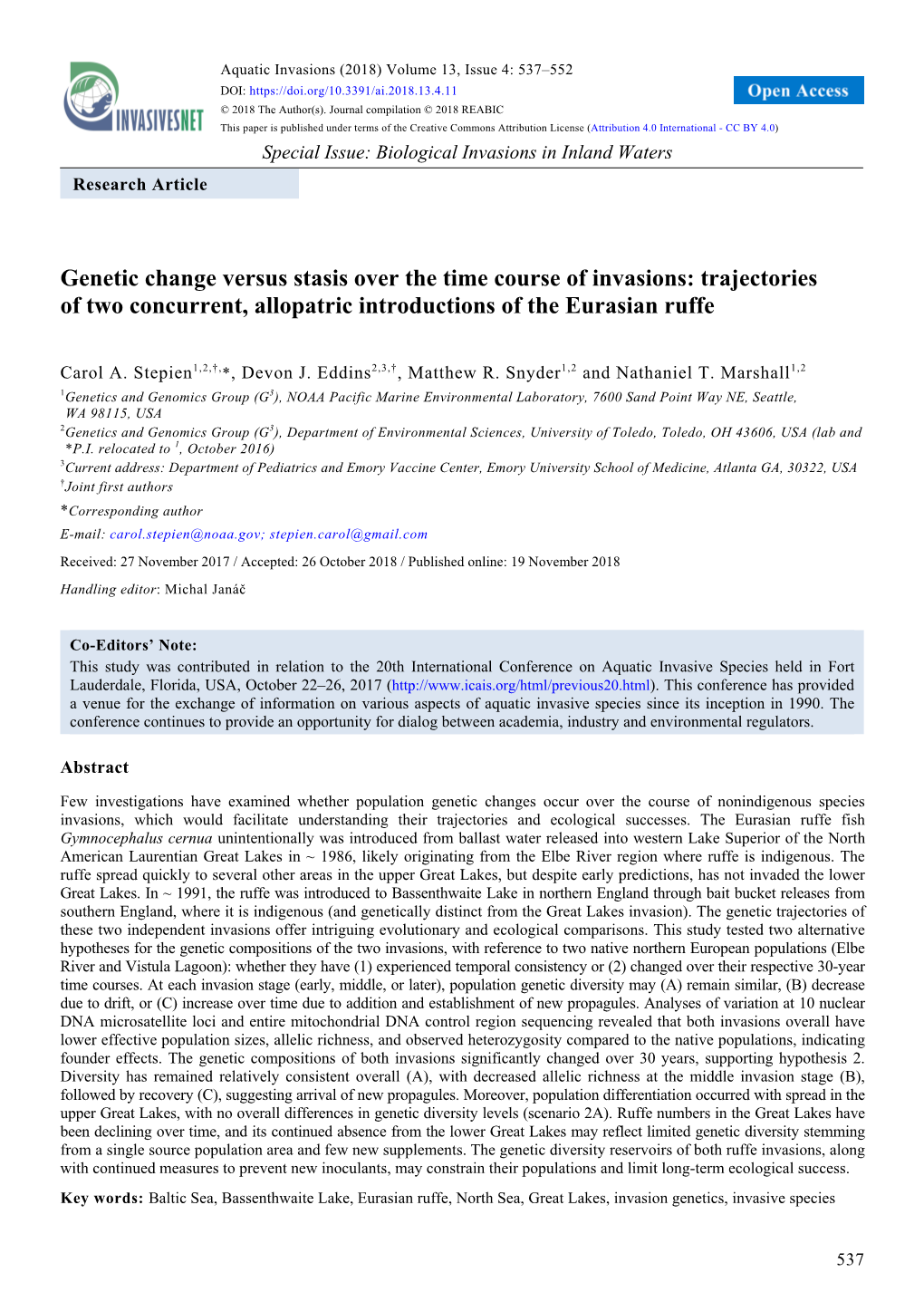 Genetic Change Versus Stasis Over the Time Course of Invasions: Trajectories of Two Concurrent, Allopatric Introductions of the Eurasian Ruffe