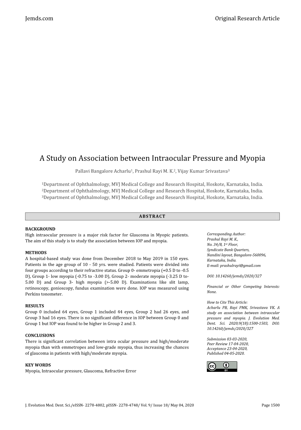 A Study on Association Between Intraocular Pressure and Myopia