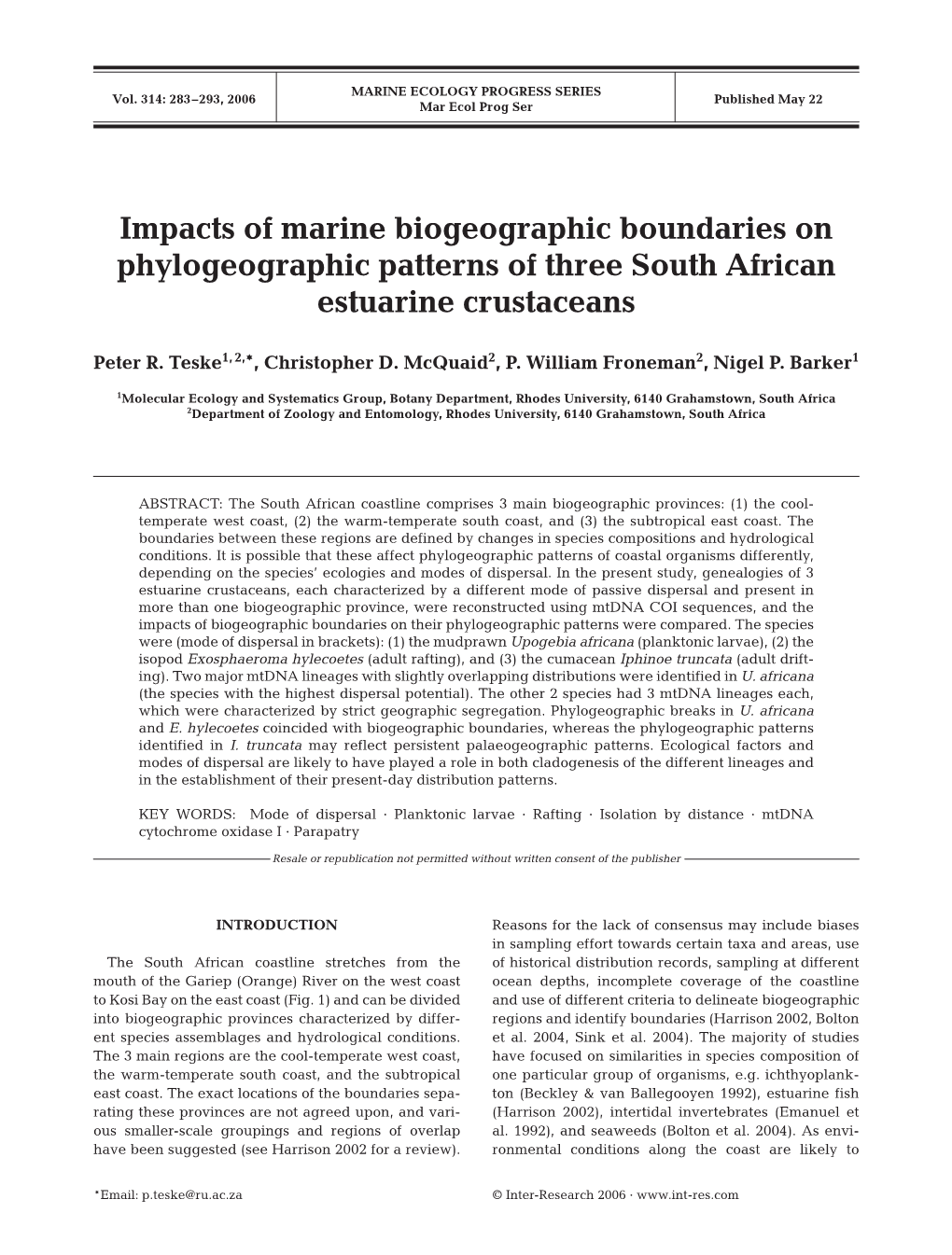 Impacts of Marine Biogeographic Boundaries on Phylogeographic Patterns of Three South African Estuarine Crustaceans