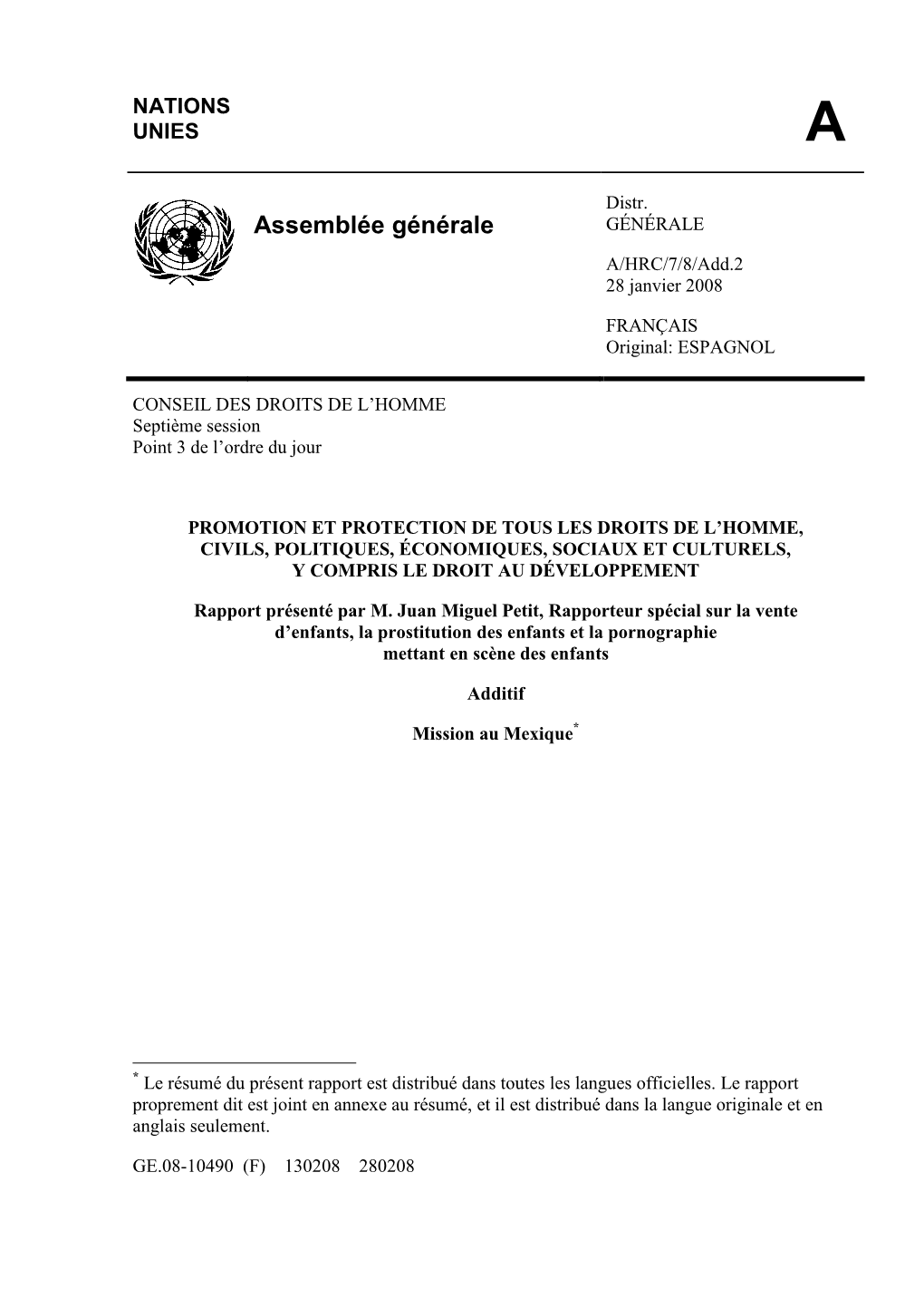Assemblée Générale GÉNÉRALE A/HRC/7/8/Add.2 28 Janvier 2008