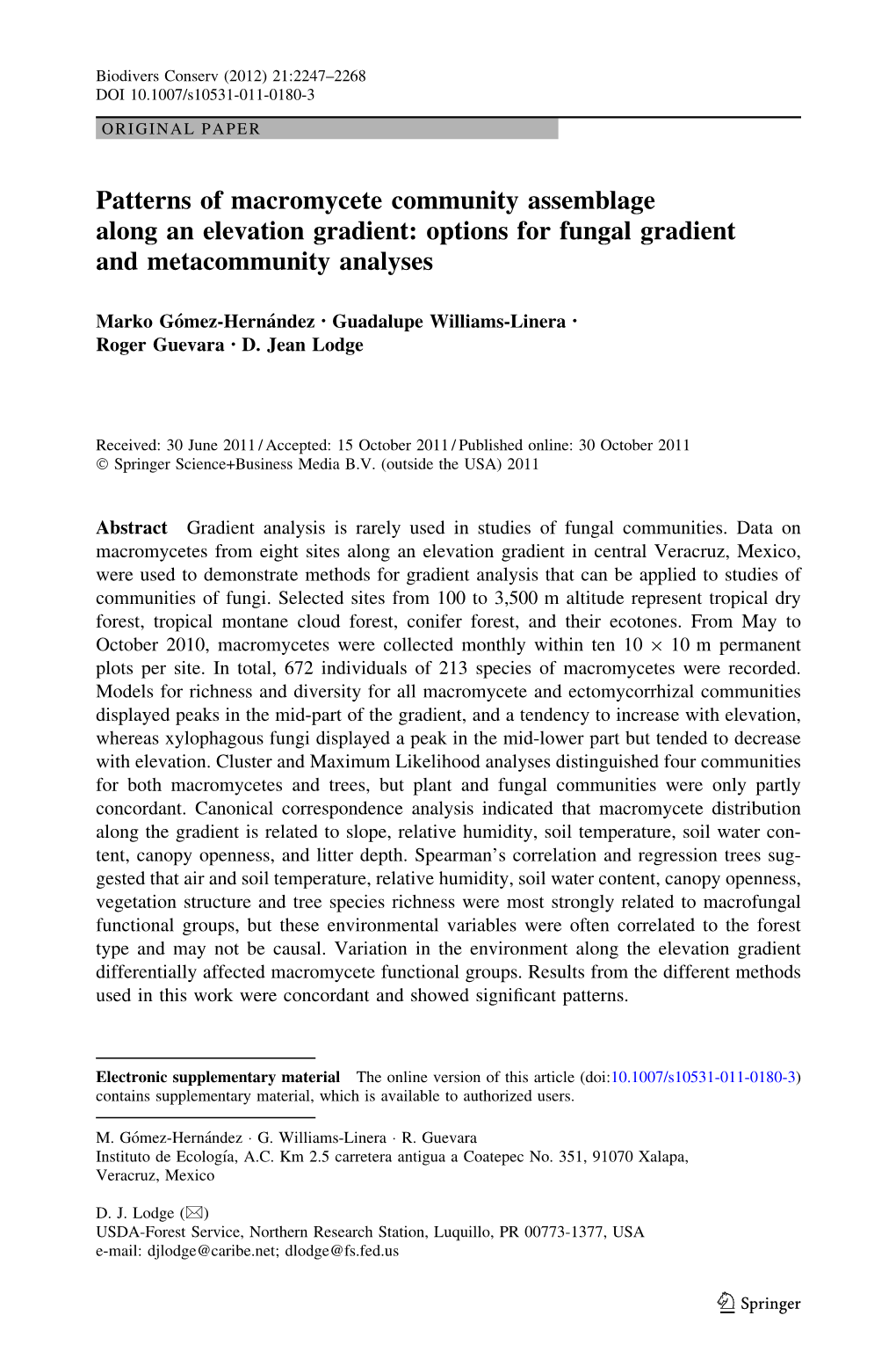 Patterns of Macromycete Community Assemblage Along an Elevation Gradient: Options for Fungal Gradient and Metacommunity Analyses