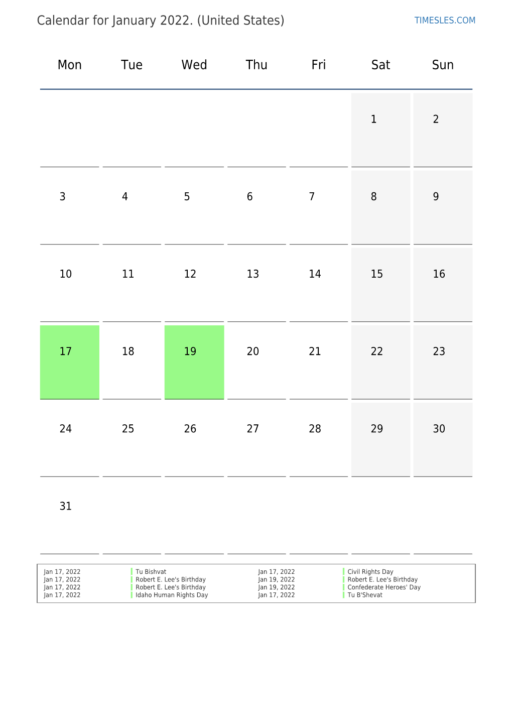 PDF Calendar of Holidays and Weekends for 2022 By