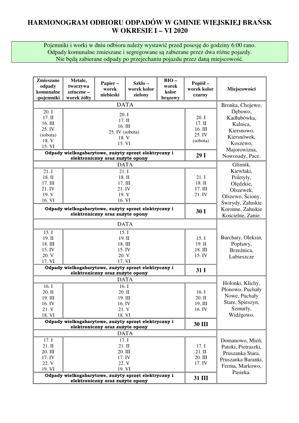 Harmonogram Odbioru Odpadów W Gminie Brańsk