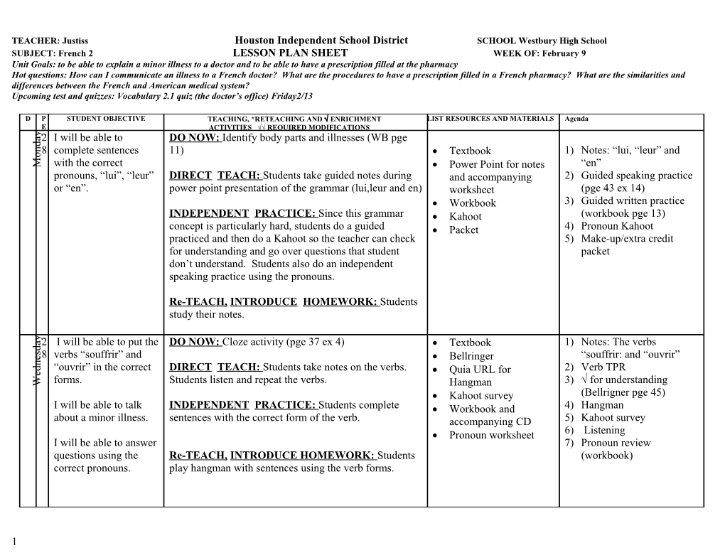 TEACHER: Justiss Houston Independent School District SCHOOL Westbury High School