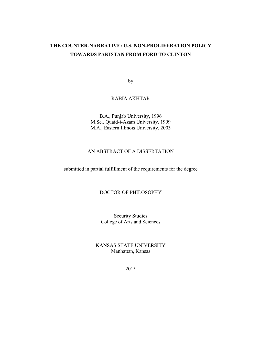 The Counter-Narrative: U.S. Non-Proliferation Policy Towards Pakistan from Ford to Clinton