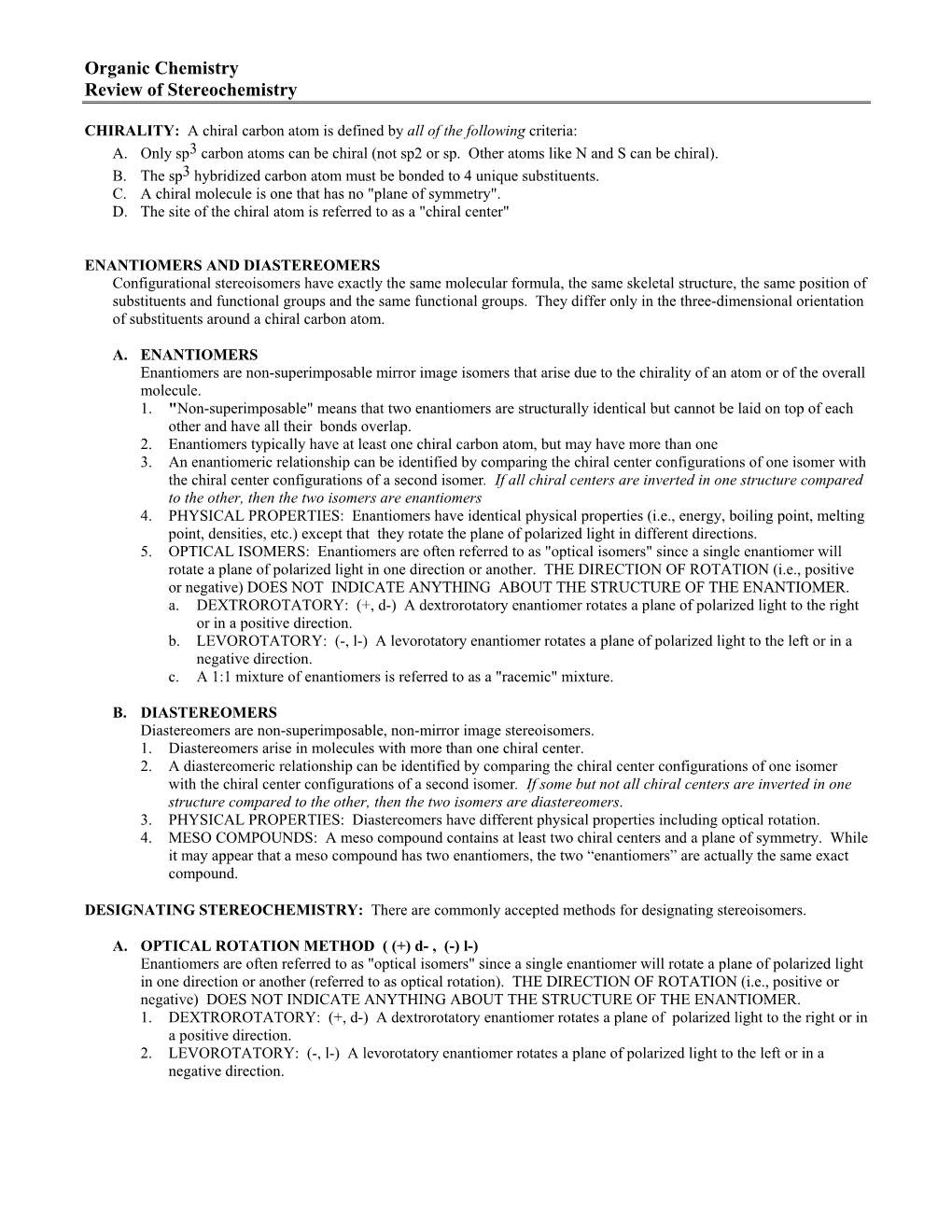 Organic Chemistry Review of Stereochemistry