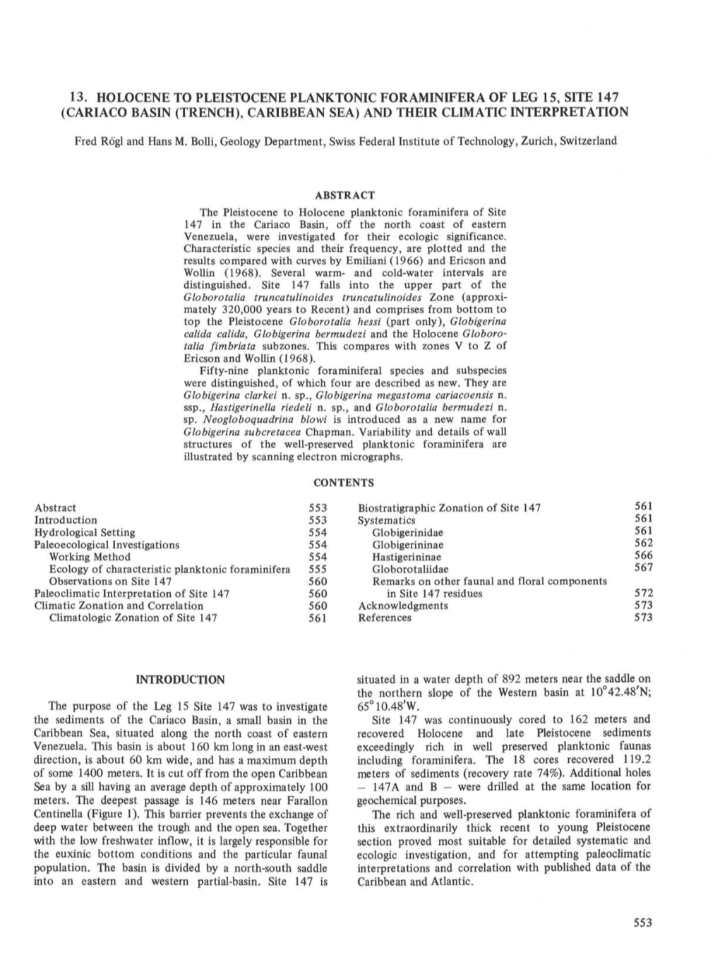 13. Holocene to Pleistocene Planktonic Foraminifera of Leg 15, Site 147 (Cariaco Basin (Trench), Caribbean Sea) and Their Climatic Interpretation