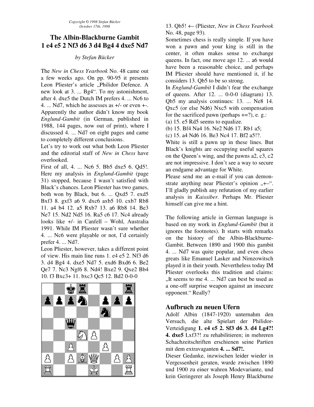 The Albin-Blackburne Gambit 1 E4 E5 2 Nf3 D6 3 D4 Bg4 4