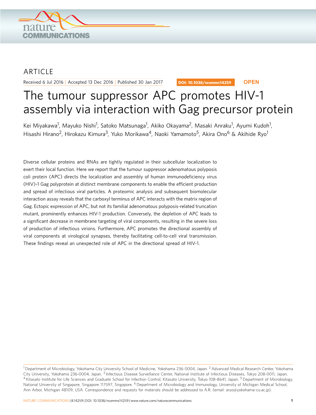 The Tumour Suppressor APC Promotes HIV-1 Assembly Via Interaction with Gag Precursor Protein
