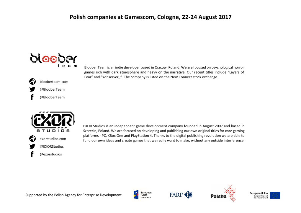 Polish Companies at Gamescom, Cologne, 22-24 August 2017