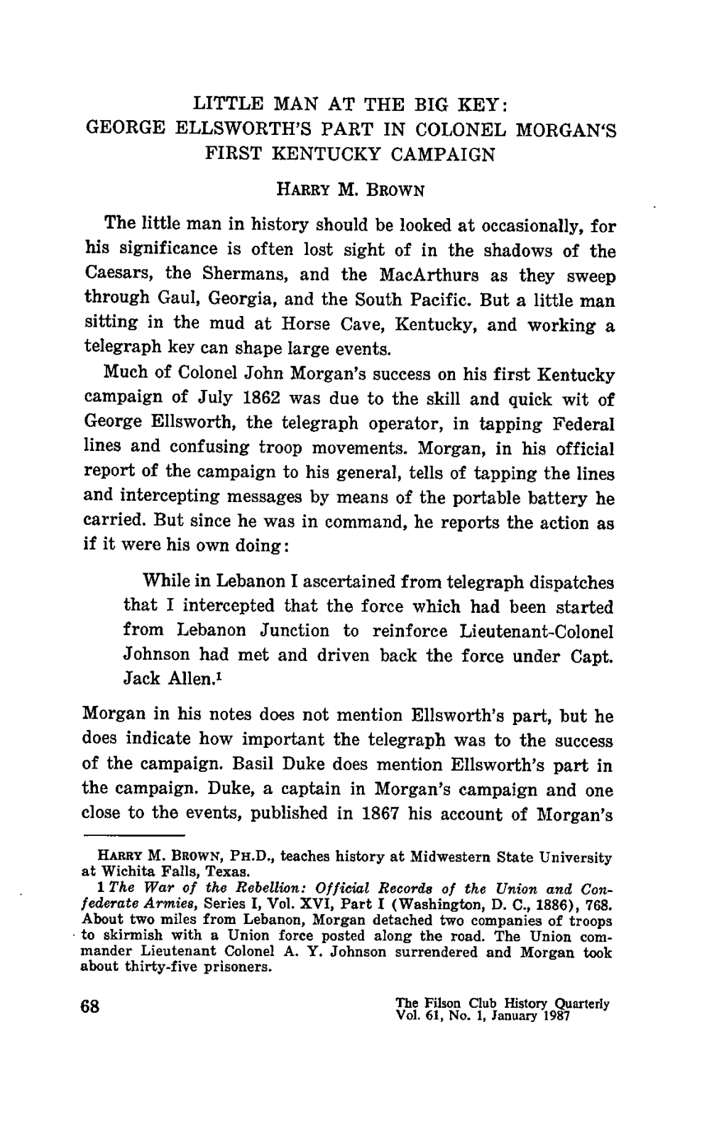 George Ellsworth's Part in Colonel Morgan's First Kentucky Campaign