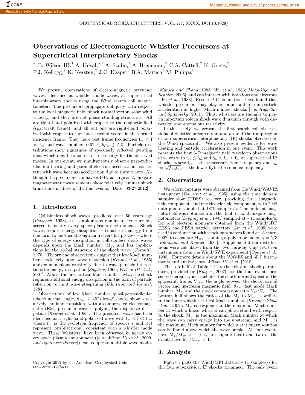 Observations of Electromagnetic Whistler Precursors at Supercritical Interplanetary Shocks L.B