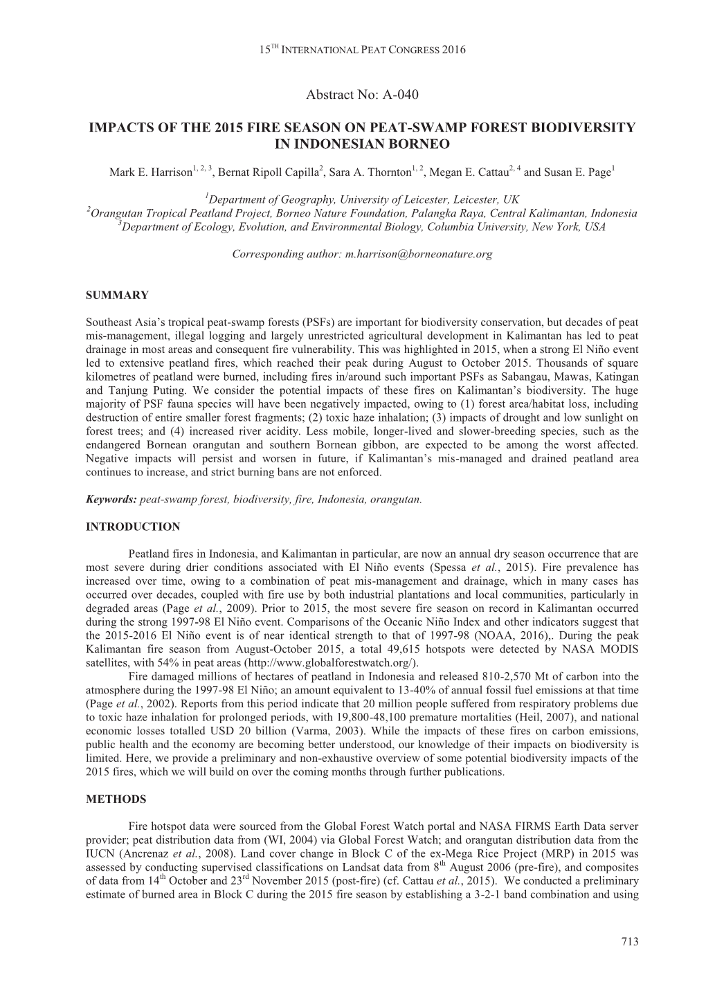 A-040 Impacts of the 2015 Fire Season on Peat-Swamp Forest Biodiversity in Indonesian Borneo