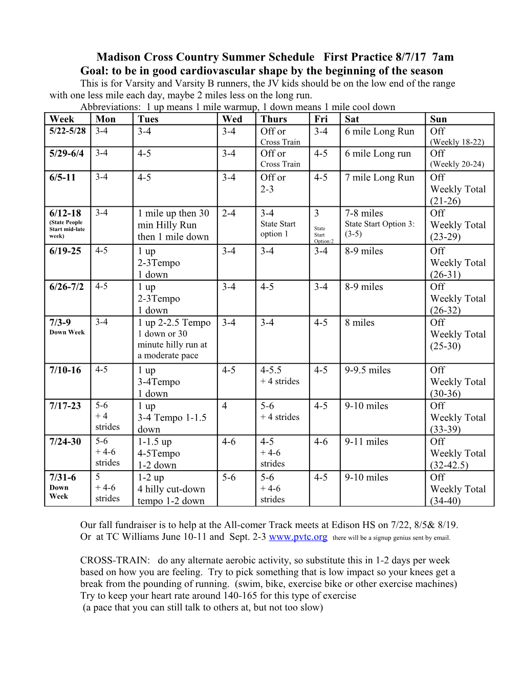 Summer Schedule Boys Varsity