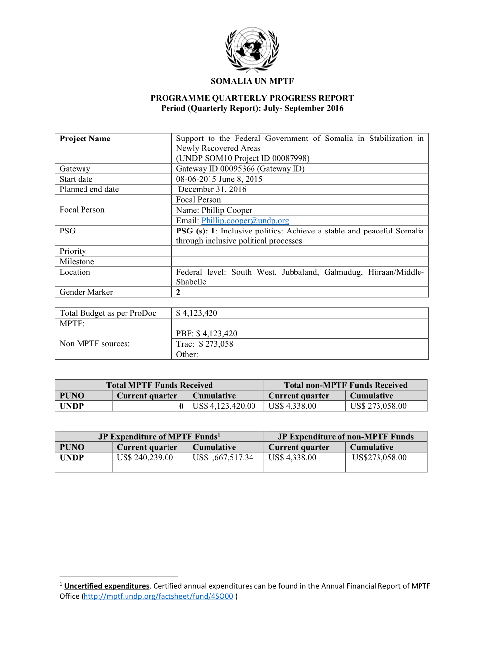 SOMALIA UN MPTF PROGRAMME QUARTERLY PROGRESS REPORT Period (Quarterly Report): July- September 2016