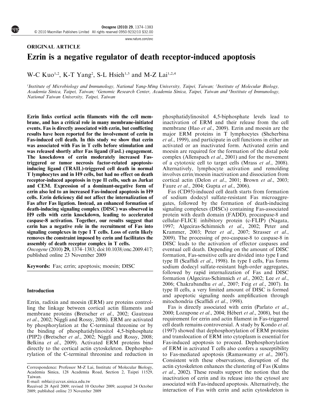 Ezrin Is a Negative Regulator of Death Receptor-Induced Apoptosis