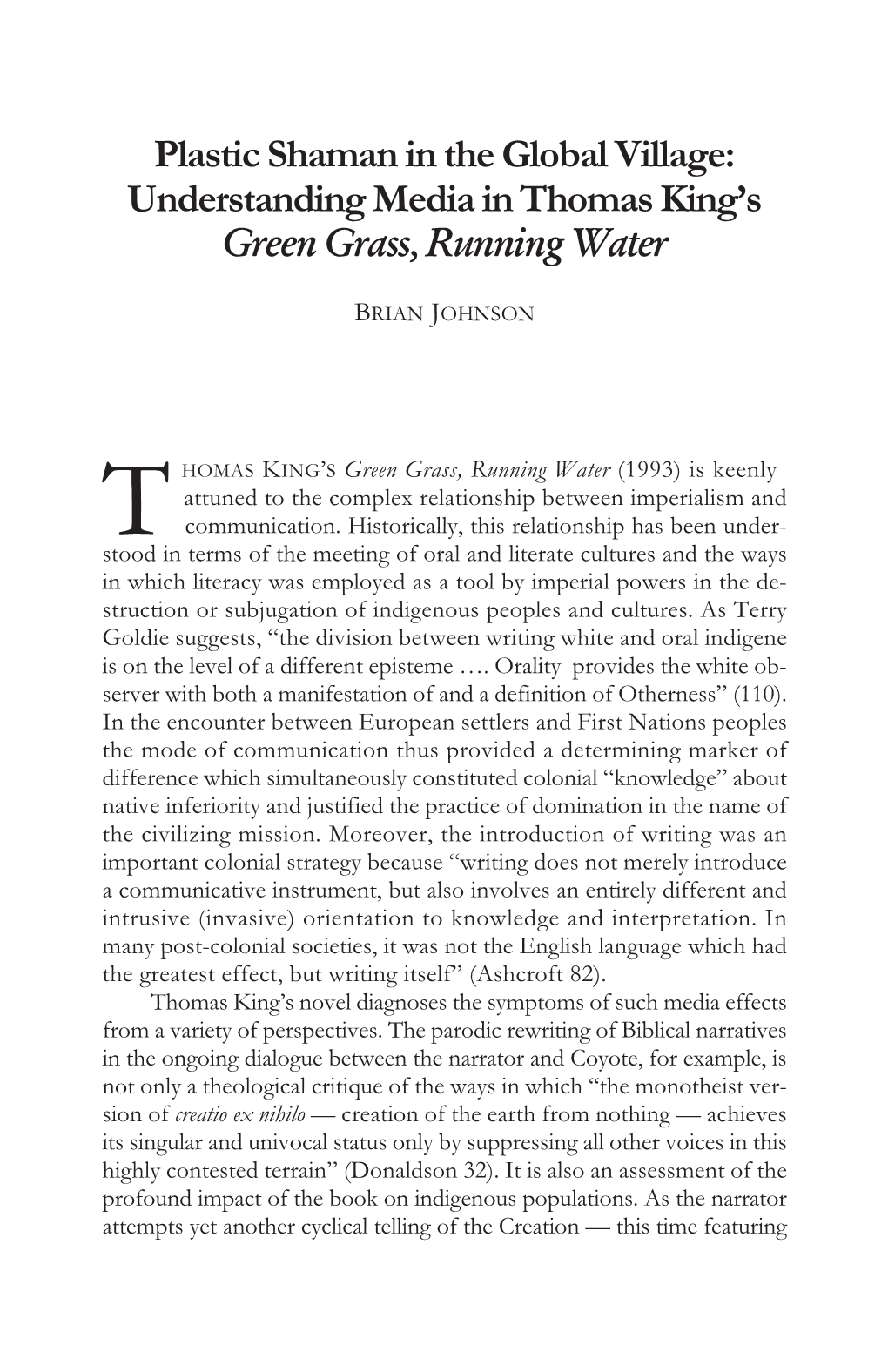 Understanding Media in Thomas King's Green Grass, Running Water