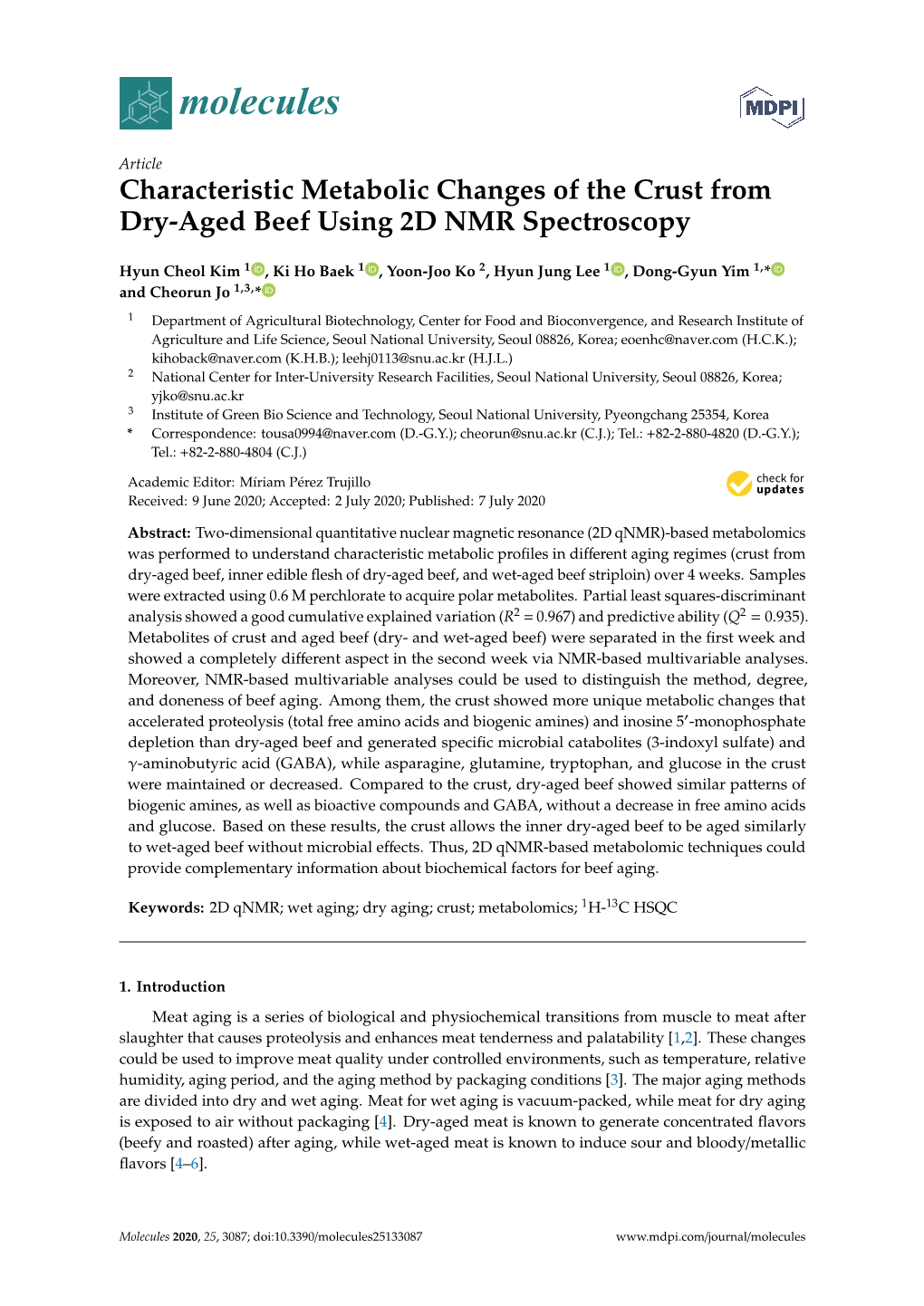 Characteristic Metabolic Changes of the Crust from Dry-Aged Beef Using 2D NMR Spectroscopy