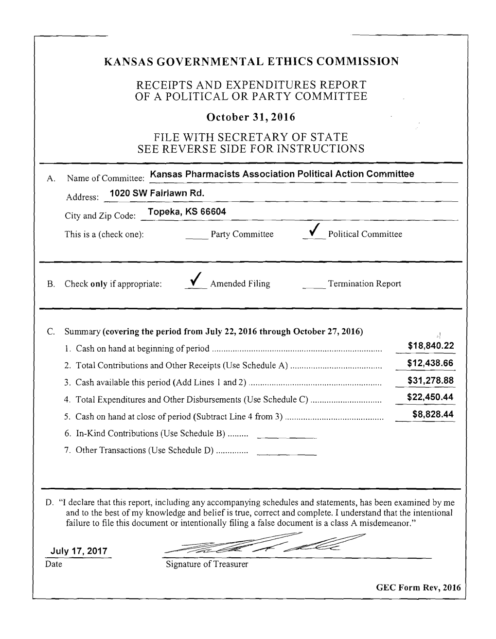 Kansas Governmental Ethics Commission Receipts And