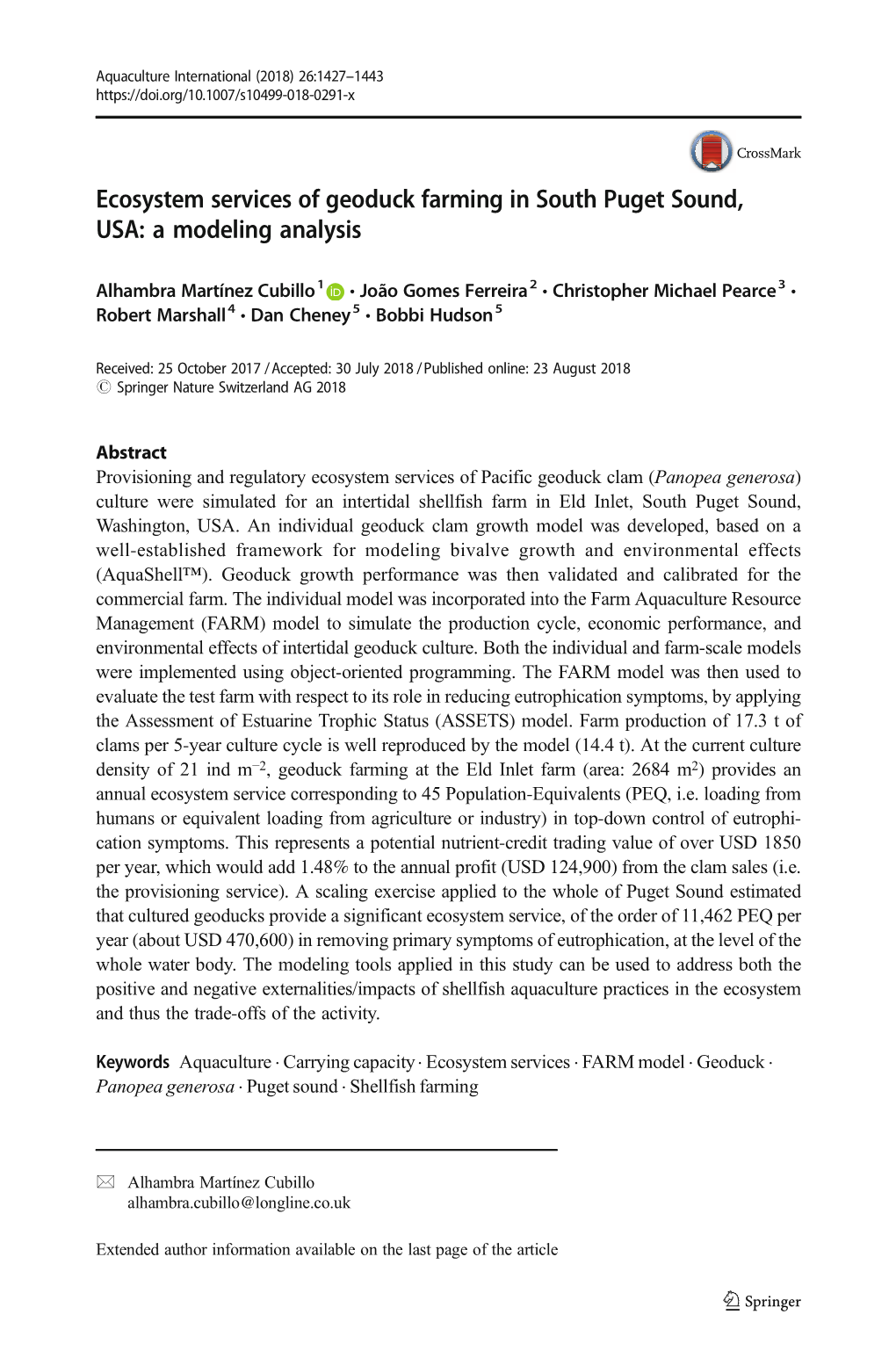 Ecosystem Services of Geoduck Farming in South Puget Sound, USA: a Modeling Analysis