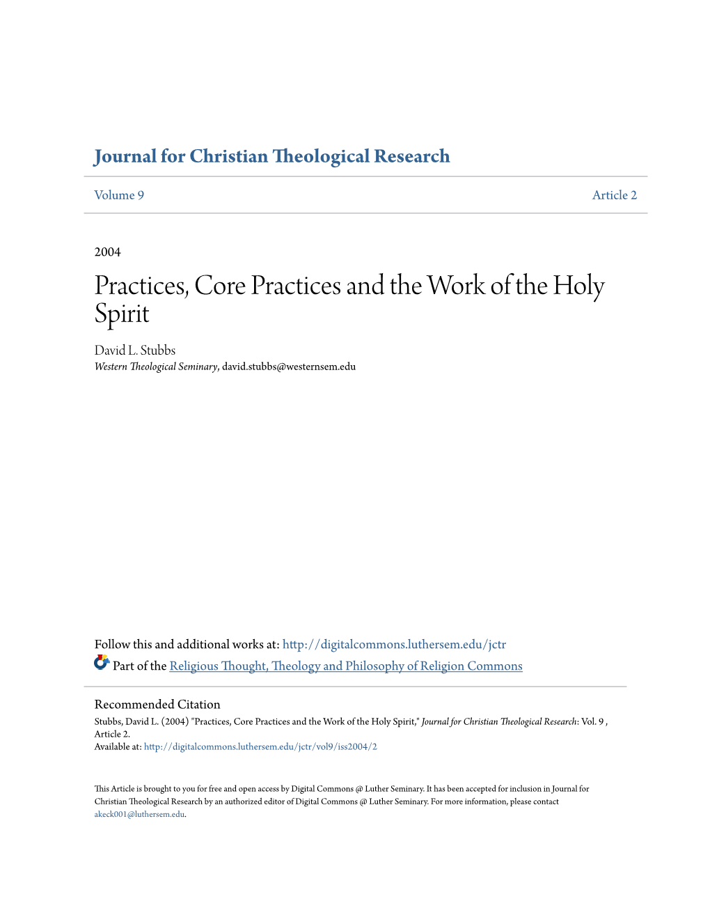 Practices, Core Practices and the Work of the Holy Spirit David L