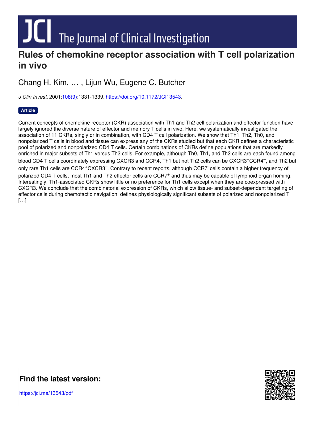 Rules of Chemokine Receptor Association with T Cell Polarization in Vivo