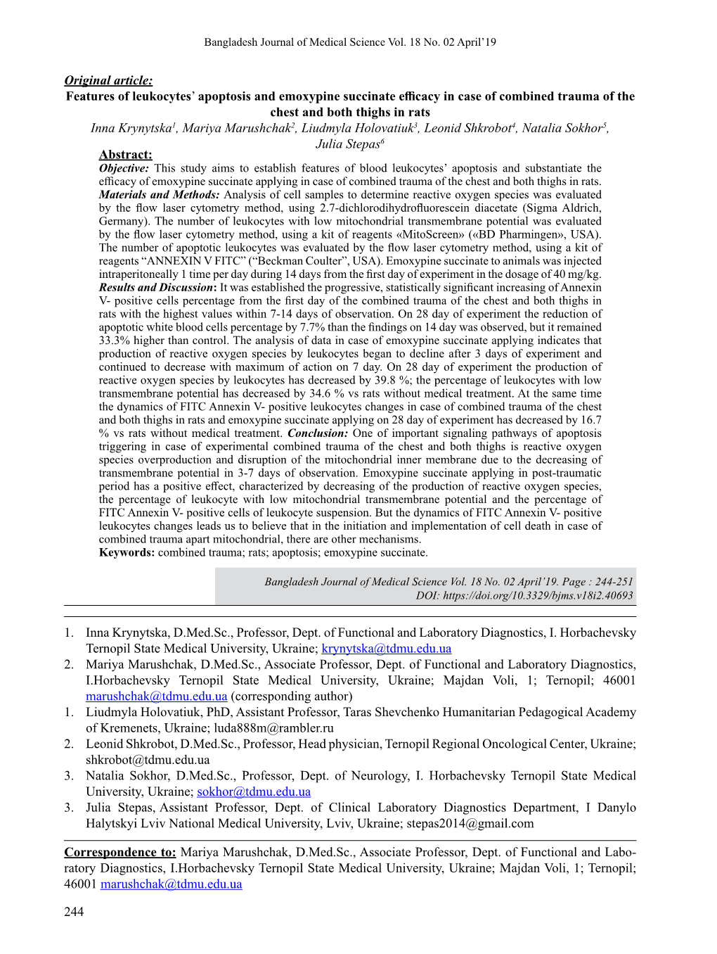 244 Original Article: Features of Leukocytes' Apoptosis And