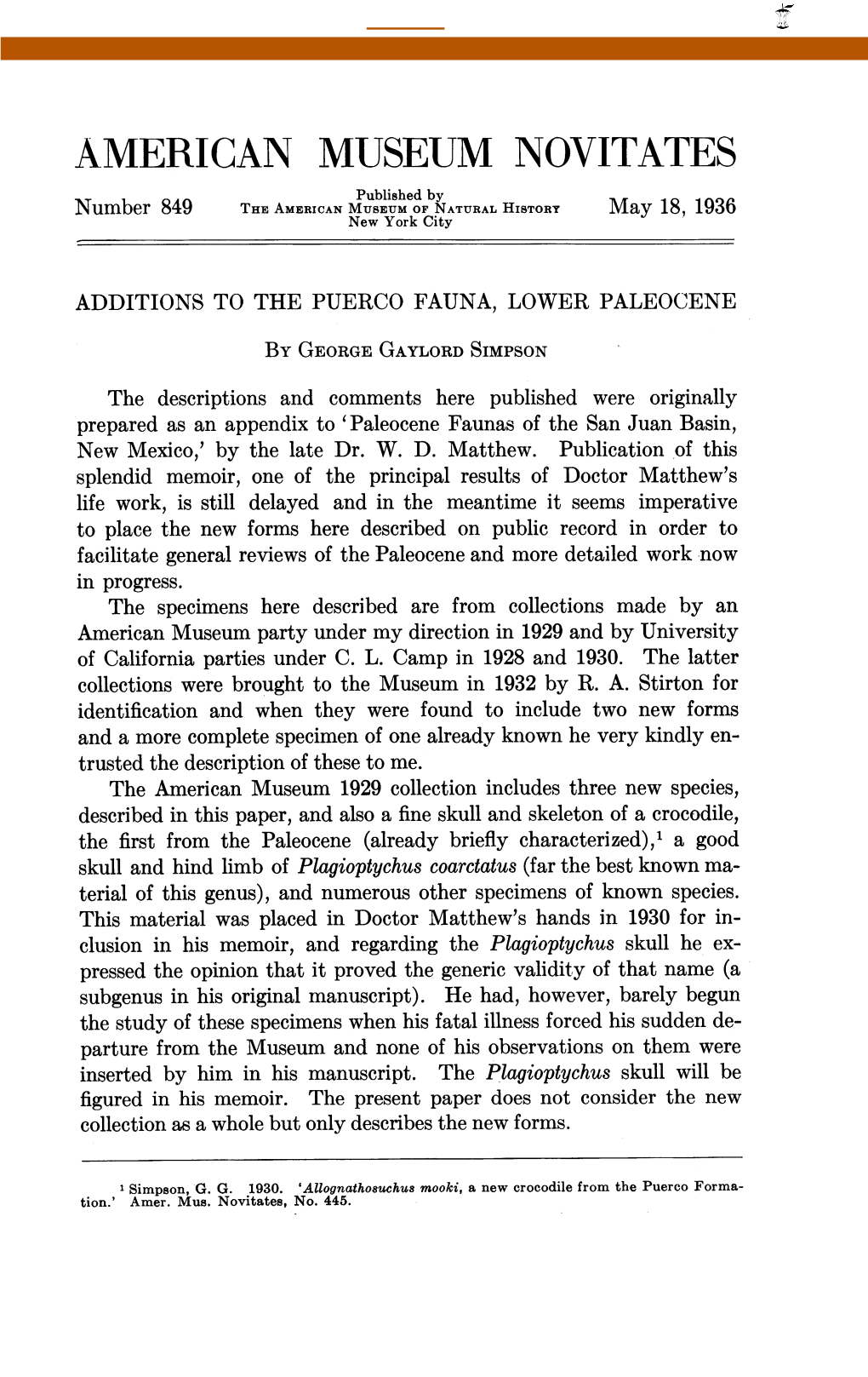 AMERICAN MUSEUM NOVITATES Published by Number 849 the AMERICAN MUSEUM of NATURAL HISTORY May 18 1936 New York City