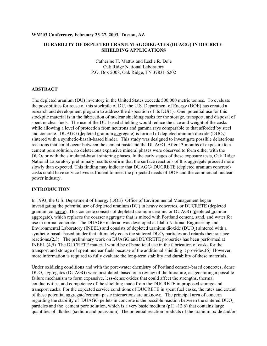 Durability of Depleted Uranium Aggregates (Duagg) in Ducrete Shielding Applications