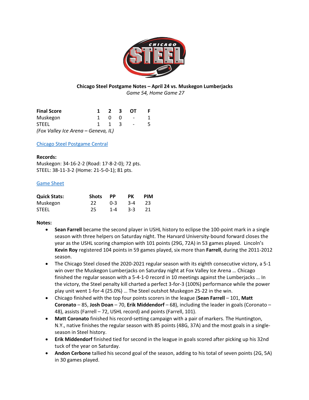 Chicago Steel Postgame Notes – April 24 Vs. Muskegon Lumberjacks Game 54, Home Game 27