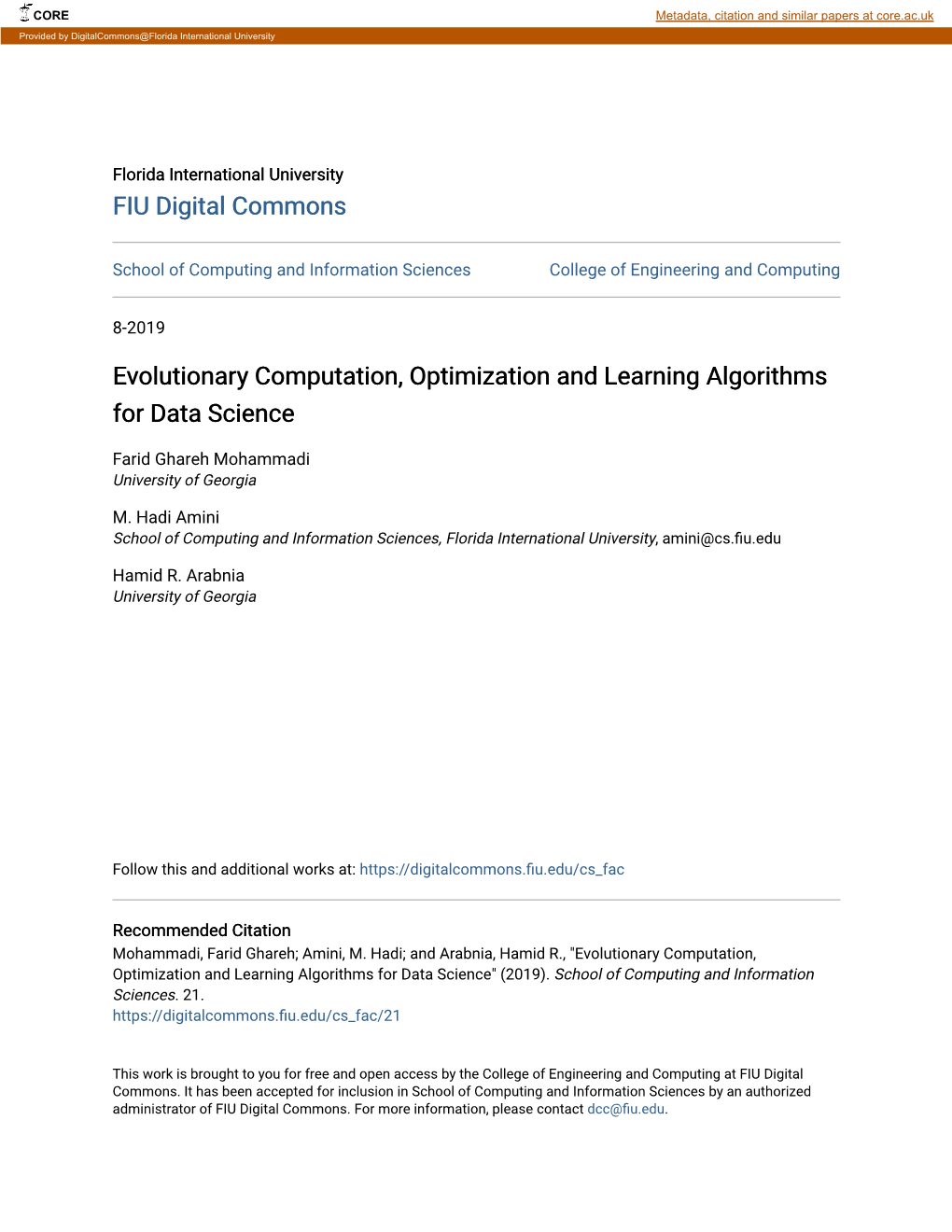 Evolutionary Computation, Optimization and Learning Algorithms for Data Science